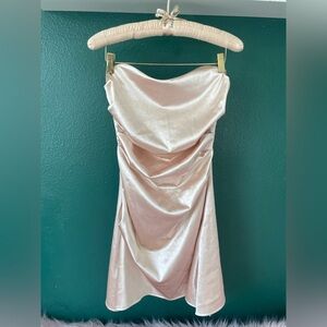 Satin strapless ruched mini dress - beige cream - medium